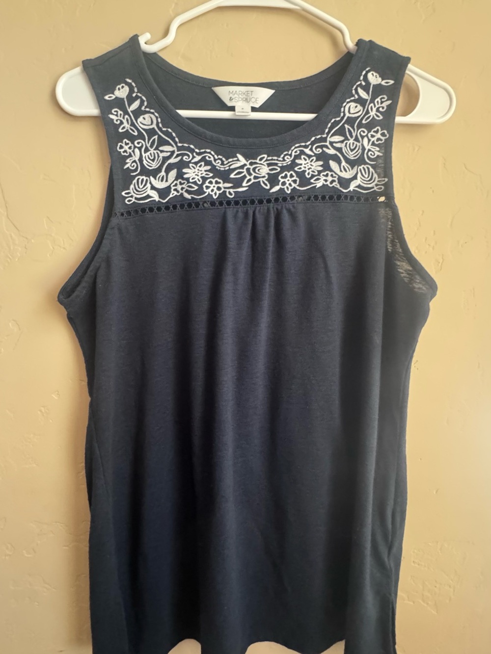 Navy Sleeveless Embroidered Yoke Tank Top